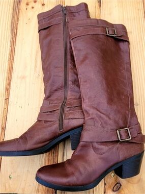 Mossimo Supply Co. Brown Leather knee high buckle Heeled Boots